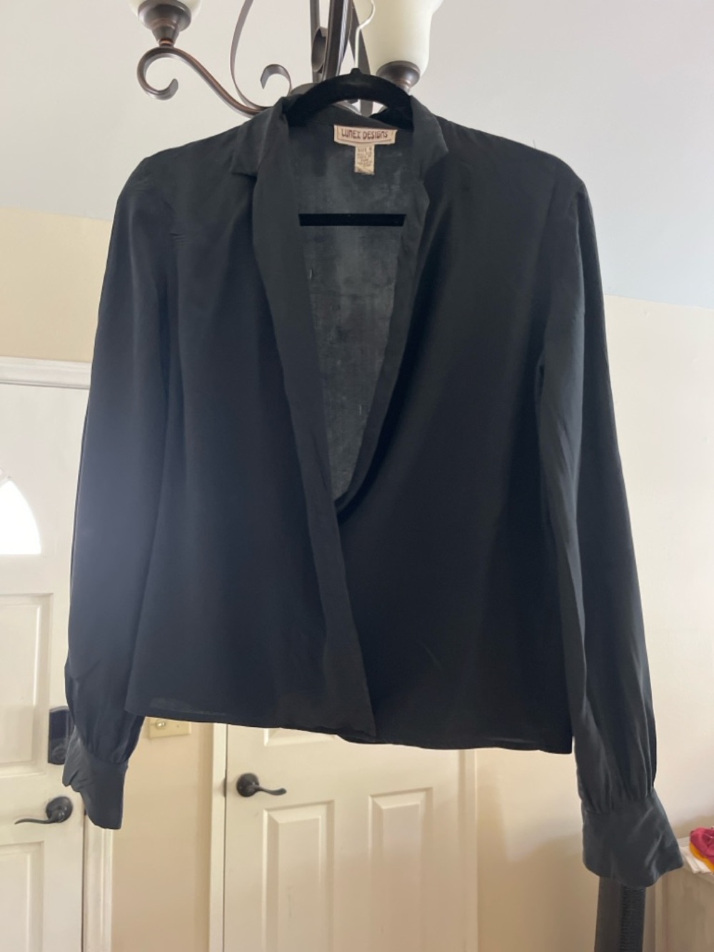 100% Silk Wrap Blouse Black Minimalist Low Cut Sexy Long Sleeve Size 6